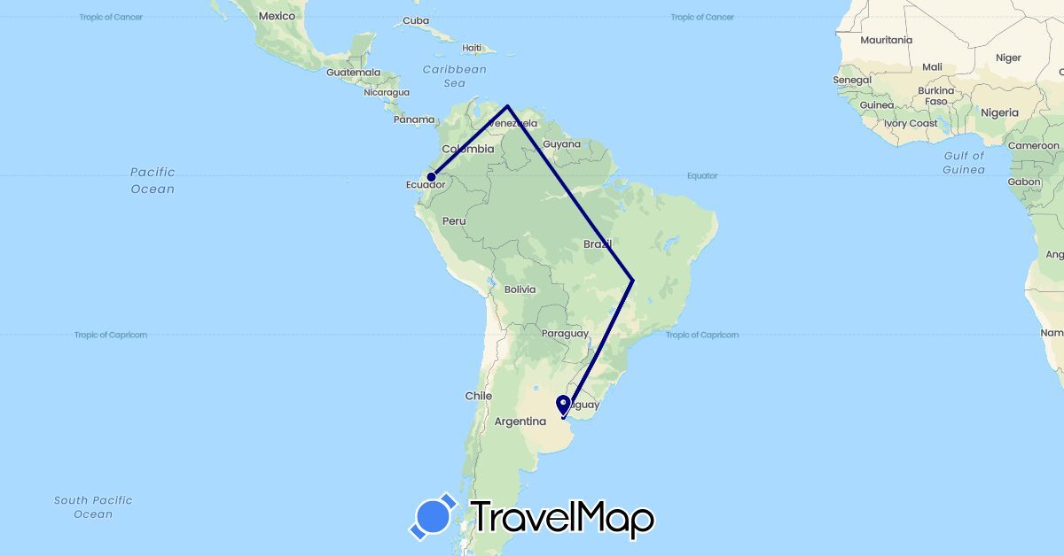 TravelMap itinerary: driving in Argentina, Brazil, Ecuador, Venezuela (South America)